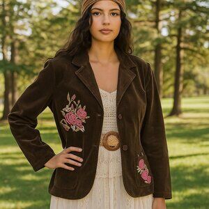 Corduroy Blazer Size XL Embroidered Roses Vintage Brown Pink Pockets  Button